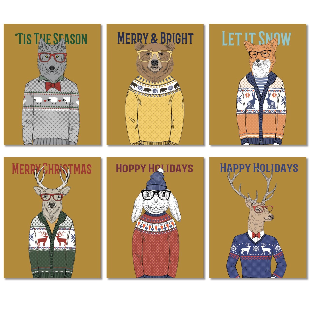 Hipster Animal Christmas Cards - 24-Pack Holiday Greeting Cards with 6 Cozy Sweater Animal Designs, Perfect for Sharing Merry Christmas & Holiday Wishes, Blank Inside for Personalized Messages - Fun and Festive Stationery Set